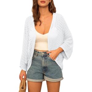 imageGRACE KARIN Open Front 34 Sleeve Batwing Cardigan for Women Lightweight Crochet Summer Cardigan HollowOut Cover UpsWhite
