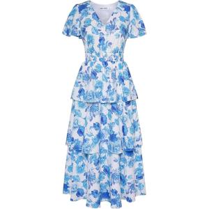 imageGRACE KARIN Womens 2024 Floral Summer Long Midi Dress V Neck Short Sleeve Ruffle Tiered Layered Boho Swing DressesBlue Purple Floral