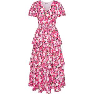 imageGRACE KARIN Womens 2024 Floral Summer Long Midi Dress V Neck Short Sleeve Ruffle Tiered Layered Boho Swing DressesRose Pink Floral