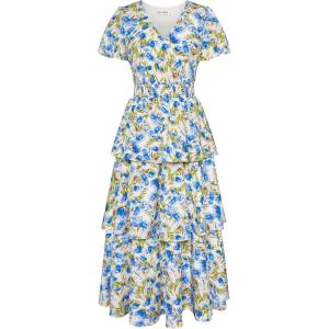 imageGRACE KARIN Womens 2024 Floral Summer Long Midi Dress V Neck Short Sleeve Ruffle Tiered Layered Boho Swing DressesYellow Blue Floral