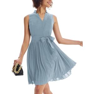 imageGRACE KARIN Women Elegant Pleated Swing Dress Solid Sleeveless VNeck Work DressGray Blue
