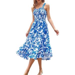 imageGRACE KARIN Womens 2024 Summer Floral Boho Dress Square Neck Strapped Swing A Line Beach Long Maxi DressBlue White
