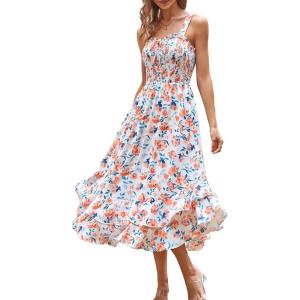 imageGRACE KARIN Womens 2024 Summer Floral Boho Dress Square Neck Strapped Swing A Line Beach Long Maxi DressOrange Floral
