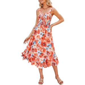 imageGRACE KARIN Womens 2024 Summer Floral Boho Dress Square Neck Strapped Swing A Line Beach Long Maxi DressOrange Flower
