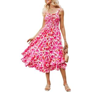 imageGRACE KARIN Womens 2024 Summer Floral Boho Dress Square Neck Strapped Swing A Line Beach Long Maxi DressRose Red