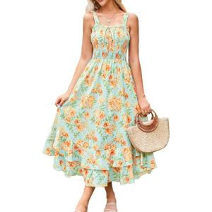 imageGRACE KARIN Womens 2024 Summer Floral Boho Dress Square Neck Strapped Swing A Line Beach Long Maxi DressYellow Floral