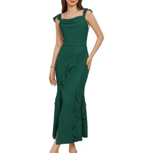 imageGRACE KARIN Womens Cowl Neck Sleeveless Ruffled Fishtail Dress High Slit Bodycon Cocktail Party Maxi DressDark Green