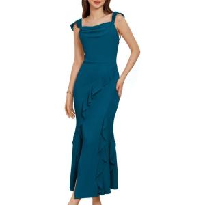 imageGRACE KARIN Womens Cowl Neck Sleeveless Ruffled Fishtail Dress High Slit Bodycon Cocktail Party Maxi DressPeacock Blue
