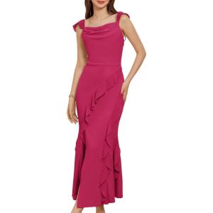 imageGRACE KARIN Womens Cowl Neck Sleeveless Ruffled Fishtail Dress High Slit Bodycon Cocktail Party Maxi DressRose Red