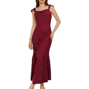 imageGRACE KARIN Womens Cowl Neck Sleeveless Ruffled Fishtail Dress High Slit Bodycon Cocktail Party Maxi DressWine Red