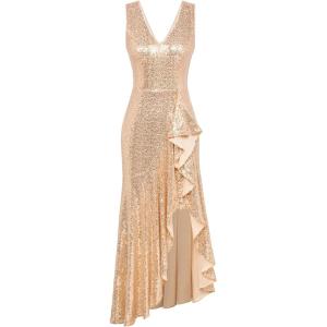 imageGRACE KARIN Womens Sequin Dress Sleeveless Cockatil Dress High Low Hem Wedding Party Ruffle Maxi Dress Evening GownChampagne