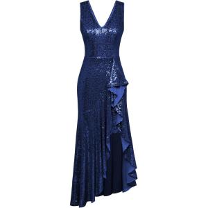 imageGRACE KARIN Womens Sequin Dress Sleeveless Cockatil Dress High Low Hem Wedding Party Ruffle Maxi Dress Evening GownNavy