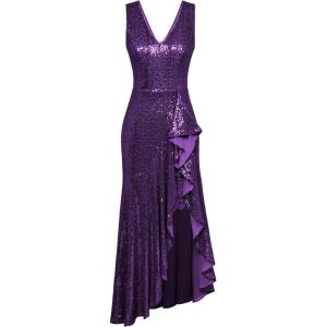 imageGRACE KARIN Womens Sequin Dress Sleeveless Cockatil Dress High Low Hem Wedding Party Ruffle Maxi Dress Evening GownPurple