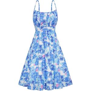 imageGRACE KARIN Womens Spaghetti Strap Floral Dress Ruffle Hem Pleated Casual Summer Dress Boho Flowy Midi Beach DressBlue Floral 3