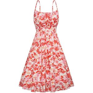 imageGRACE KARIN Womens Spaghetti Strap Floral Dress Ruffle Hem Pleated Casual Summer Dress Boho Flowy Midi Beach DressRed Floral 3