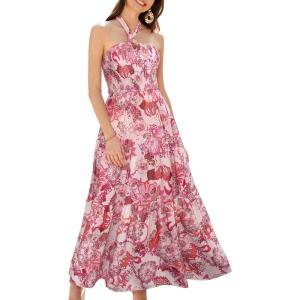 imageGRACE KARIN Womens Summer Dresses 2024 Halter Neck Sleeveless Smocked Backless Cut Out Floral Flowy A Line Maxi DressPink Orange