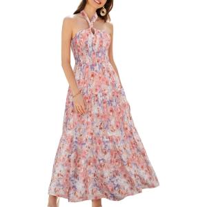 imageGRACE KARIN Womens Summer Dresses 2024 Halter Neck Sleeveless Smocked Backless Cut Out Floral Flowy A Line Maxi DressPink Purple