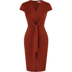 imageGRACE KARIN Womens Summer Midi Dresses Cap Sleeve Tie Waist Work Dress Slit VNeck Bodycon Dress Business Casual OutfitsBrown Red