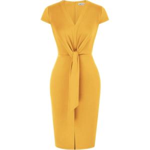 imageGRACE KARIN Womens Summer Midi Dresses Cap Sleeve Tie Waist Work Dress Slit VNeck Bodycon Dress Business Casual OutfitsYellow