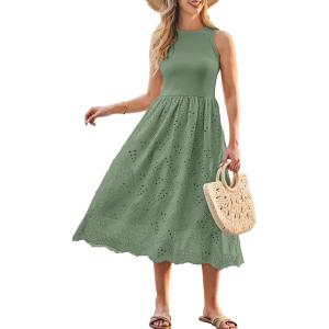 imageGRACE KARIN Womens Summer Sleeveless Tank Dress A Line Midi Dress Cotton Crewneck Casual Holiday Dress with PocketsGray Green