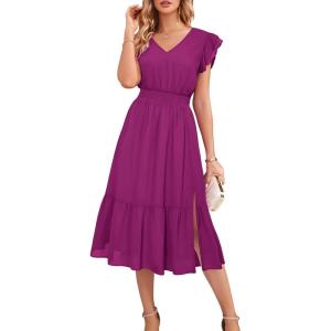 imageGRACE KARIN Womens V Neck Ruffle Sleeve Summer Dress 2024 Split Flowy Tiered Midi Dress Wedding Guest Cocktail DressesRose Redplain