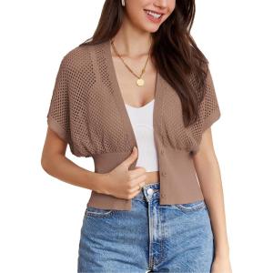 imageGRACE KARIN 2024 Women Short Sleeve Crochet Cardigan Summer Draped VNeck Bolero Shrug Sweater Hollow Out Beach Cover UpBrown