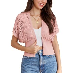 imageGRACE KARIN 2024 Women Short Sleeve Crochet Cardigan Summer Draped VNeck Bolero Shrug Sweater Hollow Out Beach Cover UpPink