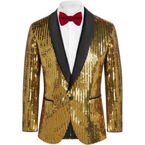 imageGRACE KARIN Mens Shiny Sequin Blazer One Button Suit Jacket Shawl Lapel Tuxedo Party Dinner PromGold