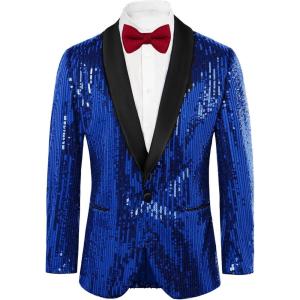 imageGRACE KARIN Mens Shiny Sequin Blazer One Button Suit Jacket Shawl Lapel Tuxedo Party Dinner PromRoyal Blue