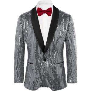 imageGRACE KARIN Mens Shiny Sequin Blazer One Button Suit Jacket Shawl Lapel Tuxedo Party Dinner PromSilver