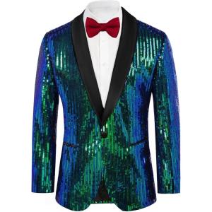 imageGRACE KARIN Mens Shiny Sequin Blazer One Button Suit Jacket Shawl Lapel Tuxedo Party Dinner PromSymphony Green
