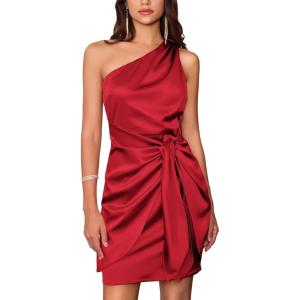 imageGRACE KARIN Women Satin Dress Cocktail One Shoulder Sleeveless Bodycon Tie Waist Party Mini DressesRed