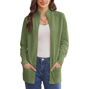 imageGRACE KARIN Womens Long Sleeve Zip Up Knit Cardigan with Pockets Stand Collar Full Zip Sweater Coat LightweightArmy Green
