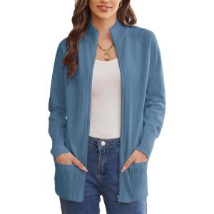 imageGRACE KARIN Womens Long Sleeve Zip Up Knit Cardigan with Pockets Stand Collar Full Zip Sweater Coat LightweightBluegrey