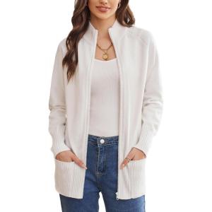 imageGRACE KARIN Womens Long Sleeve Zip Up Knit Cardigan with Pockets Stand Collar Full Zip Sweater Coat LightweightIvory White