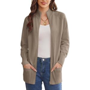imageGRACE KARIN Womens Long Sleeve Zip Up Knit Cardigan with Pockets Stand Collar Full Zip Sweater Coat LightweightKhaki