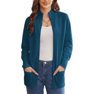 imageGRACE KARIN Womens Long Sleeve Zip Up Knit Cardigan with Pockets Stand Collar Full Zip Sweater Coat LightweightLake Blue