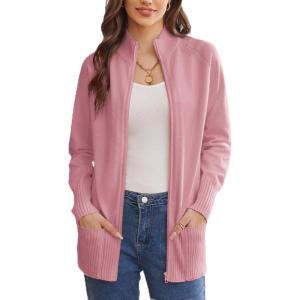 imageGRACE KARIN Womens Long Sleeve Zip Up Knit Cardigan with Pockets Stand Collar Full Zip Sweater Coat LightweightPink