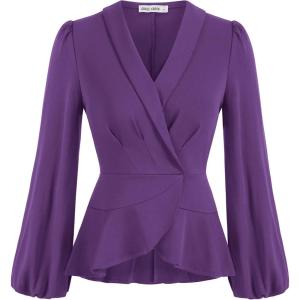 imageGRACE KARIN 2024 Womens Elegant Tops Long Sleeve Wrap Tops V Neck Formal Work Blouses Dressy ShirtsPurple