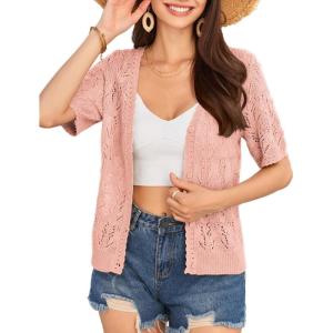 imageGRACE KARIN 2024 Womens Short Sleeve V Neck Cardigans Sweaters Open Front Knit Crochet Button Bolero Shrugs TopsPink