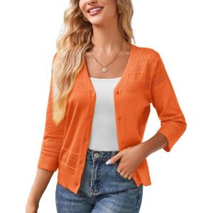 imageGRACE KARIN Womens 2024 Cropped Cardigan 34 Sleeve Lightweight Crochet Shrug HollowedOut Knit Sweater TopsOrange