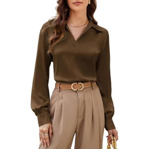 imageGRACE KARIN Womens Satin Silk Blouse Lapel V Neck Long Sleeve Casual Work Blouse Shirts Pullover TopsBrown