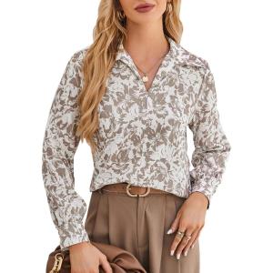 imageGRACE KARIN Womens Satin Silk Blouse Lapel V Neck Long Sleeve Casual Work Blouse Shirts Pullover TopsBrown Flora