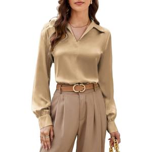 imageGRACE KARIN Womens Satin Silk Blouse Lapel V Neck Long Sleeve Casual Work Blouse Shirts Pullover TopsCamel