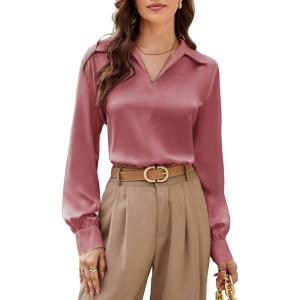 imageGRACE KARIN Womens Satin Silk Blouse Lapel V Neck Long Sleeve Casual Work Blouse Shirts Pullover TopsDrak Pink