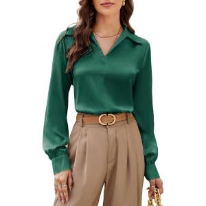 imageGRACE KARIN Womens Satin Silk Blouse Lapel V Neck Long Sleeve Casual Work Blouse Shirts Pullover TopsGrenn