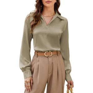 imageGRACE KARIN Womens Satin Silk Blouse Lapel V Neck Long Sleeve Casual Work Blouse Shirts Pullover TopsKhaki