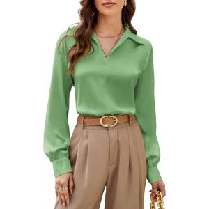 imageGRACE KARIN Womens Satin Silk Blouse Lapel V Neck Long Sleeve Casual Work Blouse Shirts Pullover TopsLight Green