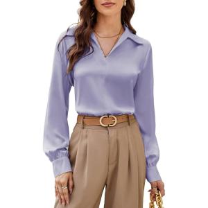 imageGRACE KARIN Womens Satin Silk Blouse Lapel V Neck Long Sleeve Casual Work Blouse Shirts Pullover TopsLilac