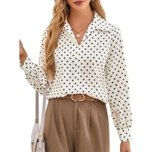 imageGRACE KARIN Womens Satin Silk Blouse Lapel V Neck Long Sleeve Casual Work Blouse Shirts Pullover TopsPolka Dot